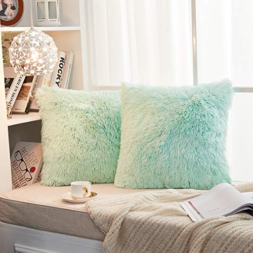 JAUXIO Long Faux Fur Soft Soild Decorative Pillowcase Fluffy Throw Pillow Cover Velvet Shaggy Plush Cushion Case Set of 2 Zipper Closure King Size (20X36 Inches Light Grey)