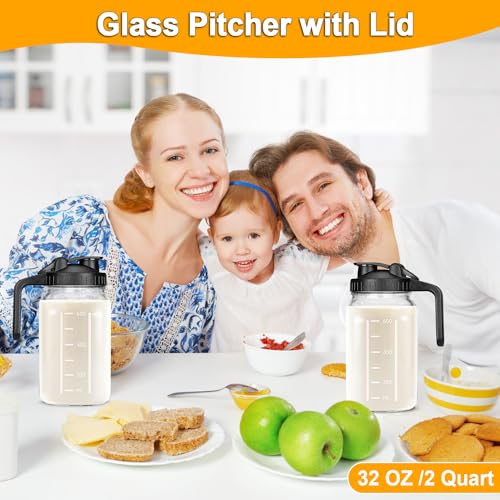 UYEIKMLOP 32 OZ Mason Jars with Lid, Glass Pitcher Double Leak Proof with Pour Spout Handle, 2 Quart Wide Mouth Breast Milk Pitcher for Fridge, Creamer Container for Coffee, Sun Tea(Black,1 Pack)