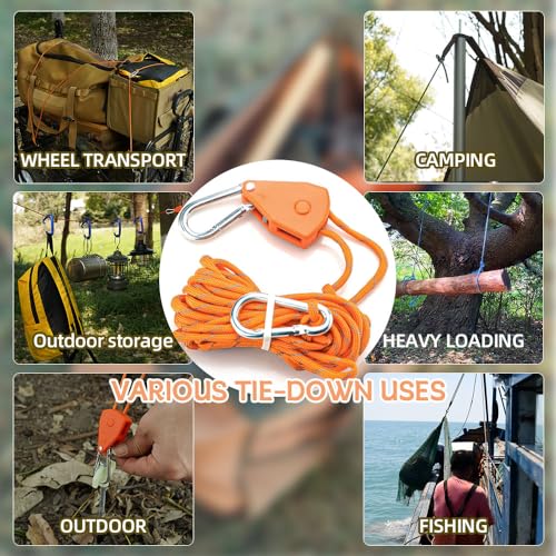 2pcs 15ft Ratchet Tie Down Rope Canopy Tent Tie Downs Strap Retractable Hanger with Hooks Reinforced Metal Gear for Camping Essentials 5/32"