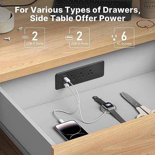 CCCEI 6 Outlets Dual Side Recessed Power Strip with USB C Ports, Furniture Flush Mount, Under Desk, Desk Top Multiple Outlets, Hidden Charging Station for Conference Table, Nightstand, Black. 6FT.