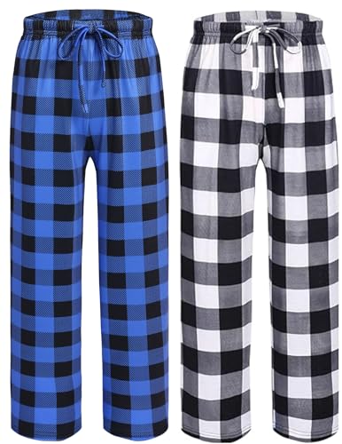 Ekouaer Boys Pajama Pants Long Sleep Pants Soft Elastic Waist Pajama Bottoms Plaid Lounge Pants with 2 Pockets