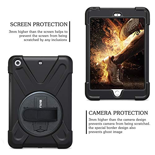 BRAECN iPad Mini 3/ Mini 2 Case] Full Body [Shock Proof for Kids Case] -360 Degrees Swivel Stand and Hand Grip Strap/a Shoulder Strap for Kids Black