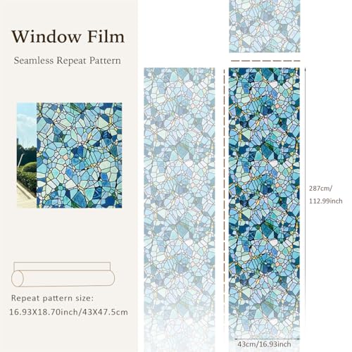 funlife Stained Glass Window Film, Double-Sided Thickened Static Cling Window Films, Non-Adhesive Glass Window Decals Decor for Door Window, 17.7"x118", Blue Cobblestones