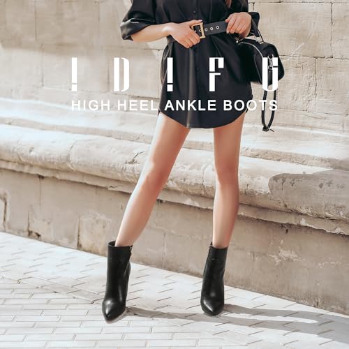 IDIFU Black Ankle Boots for Women High Heel Pointed Toe Boots Side Zipper Stiletto Booties (Black Suede, 12 M US)