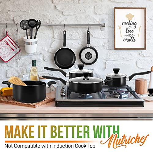 NutriChef 13-Piece Nonstick Cookware - Heat Resistant Kitchen Ware Set w/Saucepan, Frying Pans, Cooking Pots, Casserole, Lids, Ladle, Fork, Strainer - NCCWA13, Black