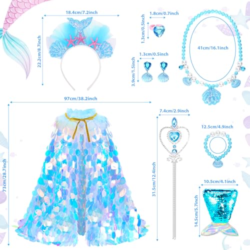 LIMIROLER Princess Dress Up Toys Princess Dress Up Clothes Rainbow Mermaid Cape Kit 9 Pcs Gift Set for Little Girls 3-8 Years Old, Great Gift Set for Birthday Christmas Halloween (Rainbow Blue)