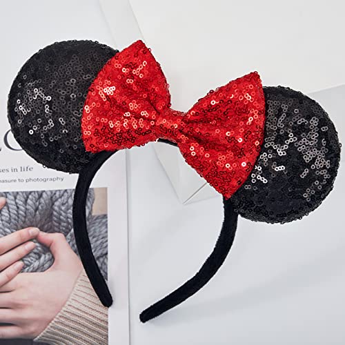 YUNISS 2 PCS Mouse Ears, Shiny Red Sequin Bow Mouse Ears Headbands for Adult Women Girls Christmas Birthday Party (Red)