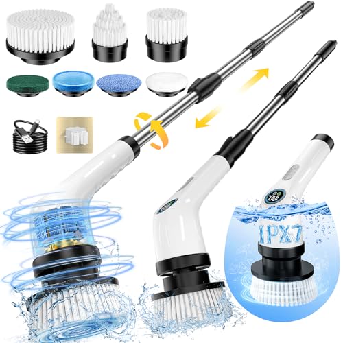 Electric Spin Scrubber, Full-Body IPX7 Waterproof Cordless Power Cleaning Brush with Adjustable Extension Handle, 2-Speed Shower Scrubber with 7 Replaceable Brush Heads for Bathroom, Kitchen Cleaning