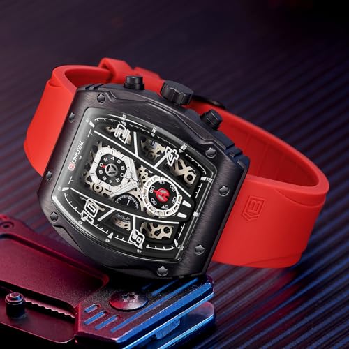 BORUSE Chronograph Watch for Men Red Square Waterproof Quartz Watches Fashion Sport Silicone Strap Luminous Calendar Analog Wristwatch