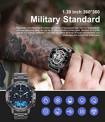 Military Smart Watch for Men(Answer/Dial Calls),100 Sports Modes, 5ATM Waterproof Fitness Watch with Heart Rate/SpO2/Blood Pressure for Android and iOS,1.39''HD DIY Screen Smartwatch Black