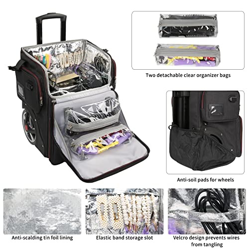 Large Makeup Train Case,Cosmetic Makeup Case for Hairstylist, Hairdresser Bag with Detachable Pouch,Heat Insulation and Anti-scalding Full layer for Hairdressing Tool Organizer Trolley with wheels