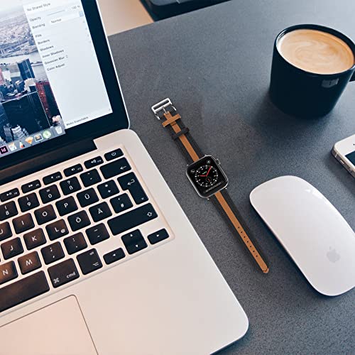VAKS Compatible with Apple Watch Leather Band 41mm 40mm 38mm for Women Men, Genuine Leather WristBands Replacement Strap for iWatch Series SE2/8/7/6/5/4/3/2/1/SE, Black Brown Black