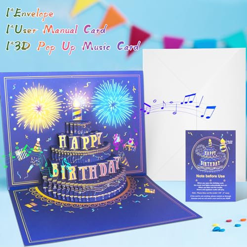 MZD8391 UPGRADED 3D Pop Up Firework Birthday Cards, Musical & LED Lights Birthday Cards with Blowable Birthday Cake, Greeting Cards, Birthday Gifts for Mom Women Men Kids Child Dad Father Wife (Blue)