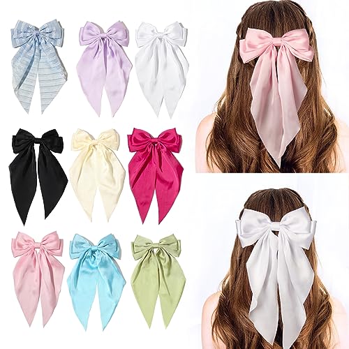 Furling Pompoms Hair Bows Clips for Women,White Bows Clip for Hair Green Bows Hair Barrette Spring Clips Long Tail Alligator Clips Bow Hair Accessories 2pcs
