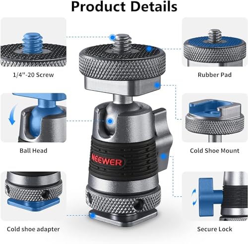 NEEWER Mini Ball Head with Removable Cold Shoe Mount and 1/4” Screw, Detachable Cold Shoe Base, 2 Way Installation Compatible with SmallRig Cage, DSLR Camera, Monitor, LED Video Light (2 Packs, ST44)