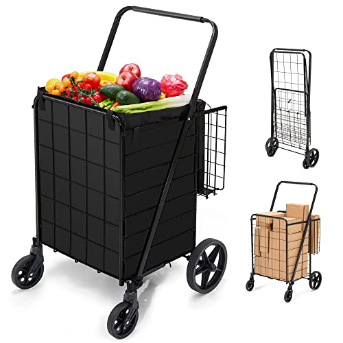 HABUTWAY Folding Shopping Cart with Removable Oxford Cloth Liner, Grocery Cart on Wheels,360°Swivel Wheels,Heavy Duty Shopping Carts for Groceries, 220lb Capacity Black