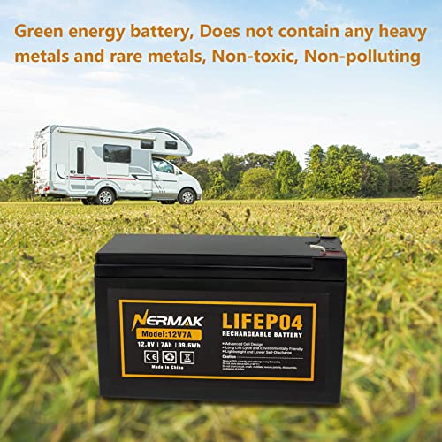 NERMAK 12V 7Ah (7.2Ah) Lithium LiFePO4 Deep Cycle Battery, 2000+ Cycles Lithium Iron Phosphate Rechargeable Battery for Solar Powar, Lighting, Power Wheels, Fish Finder and More, Built-in 8A BMS