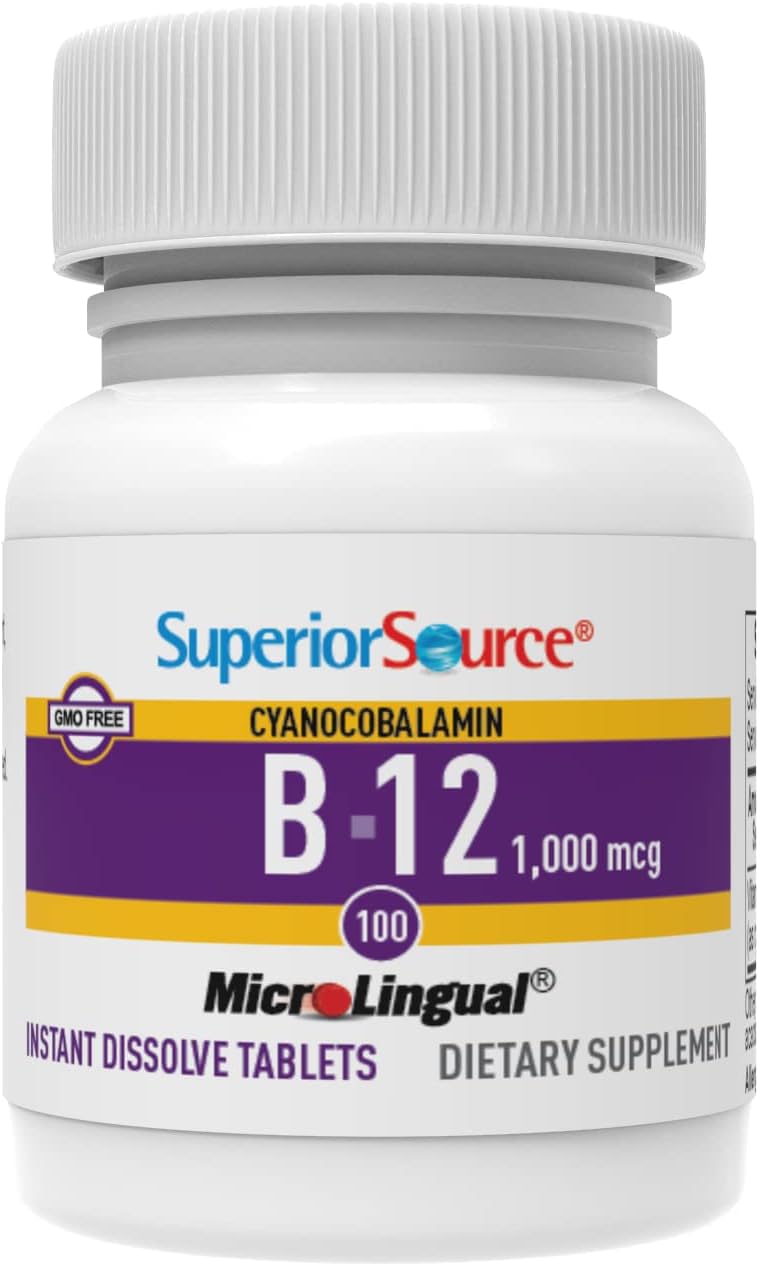 Superior Source No Shot Vitamin B12 Cyanocobalamin 1000 mcg, Quick Dissolve MicroLingual Tablets 100 Count, B12 Supplement to Increase Metabolism and Energy Production, Nervous System Support, Non-GMO