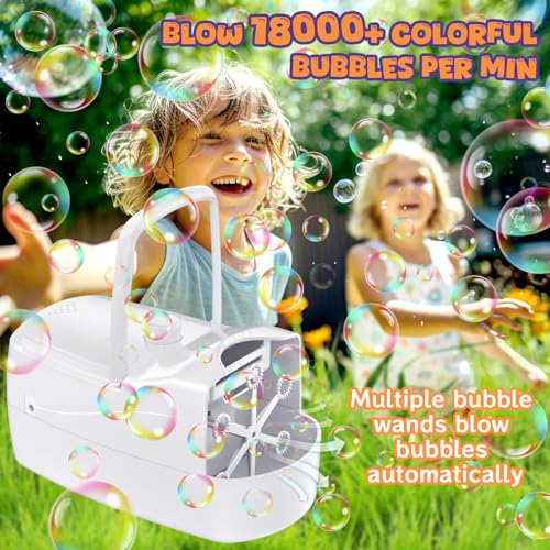 Bubble Machine,18000+ Big Bubbles/Min Automatic Bubble Blower for Kids with 2 Speeds,6 Wands,Operated by Plugin or Batteries Bubble Maker for Outdoor/Indoor Birthday Parties,Wedding (White)