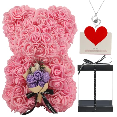 FLOWERS Rose Bear Gifts for Mothers Day, Teddy Bear with Rose Bouquet, Necklace, Greeting Card, Gifts Box for Mom, Wife, Grandma, Anniversary, Birthday, Home Decor