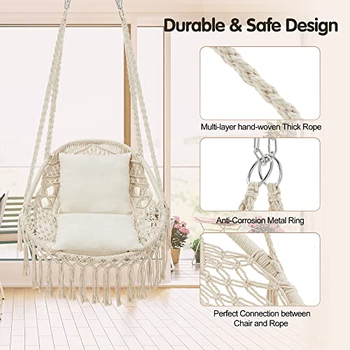 Homgava Hammock Chair Hanging Rope Swing, Hanging Chair Max 330Lbs,2 Cushions Included Macrame Swing Chair for Bedroom,Indoor, Outdoor, Porch, Patio, Garden,(Beige)