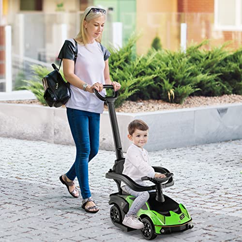 Costzon Push Cars for Toddlers, 3 in 1 Licensed Lamborghini Stroller Sliding Walking Car w/Handle, Armrest Guardrail, Underneath Storage, Horn, Foot-to-Floor Ride On Toy for Boys Girls (Green)