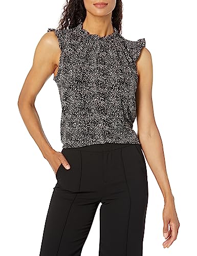 Adrianna Papell Women's Ruffle Mock Neck Tank, Black Abstract Spots, Small