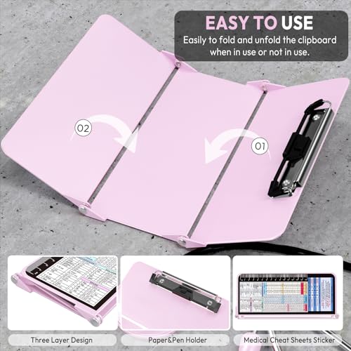 Nursing Clipboard Foldable, Foldable Clipboard w/Nursing Edition Medical Charts,3 Layers Aluminum, Nurse Clipboard w/Low Profile Clip&Pen Clip for Students, Nurses and Doctors, Baby Pink