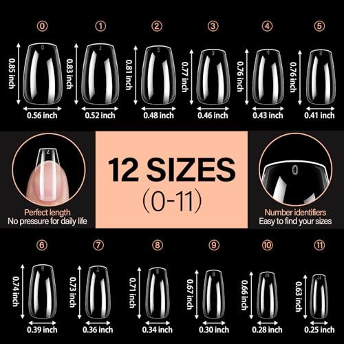 AILLSA Short Coffin Nails Clear Full Cover Nail Tips Medium Soft Gel Fake Nail Tips for DIY Press on Nail Extension, 216PCS 12 Sizes False Acrylic Preshaped Gelly Nail Tips for Women