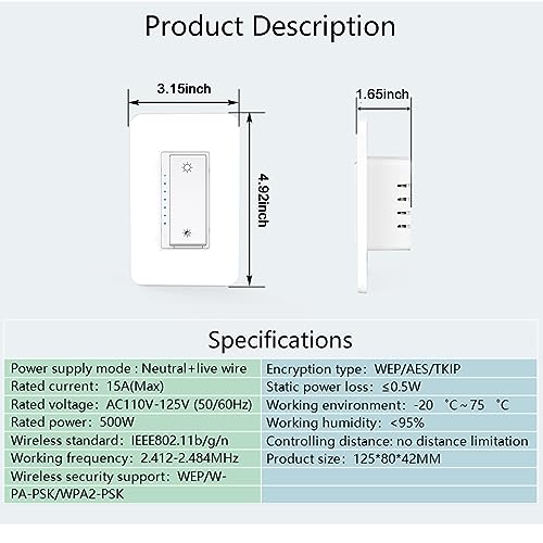 Smart Dimmer Switch 2.4Ghz Alexa Smart Switch WiFi Light Switch Compatible with Alexa and Google Assistant，Single Pole, Neutral Wire Required