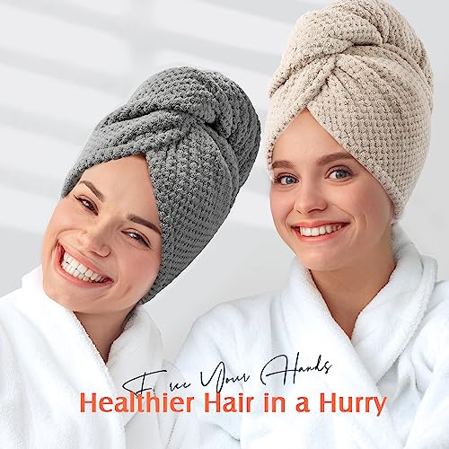 YFONG 2 Pack Large Microfiber Hair Towel Wrap for Women, Thicken Super Absorbent Quick Dry Hair Turban for Drying Curly Long Thick Hair Anti Frizz, Hair Drying Towel with Button for Wet Hair