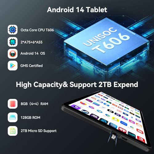 Headwolf Android 14 Tablet 10 inch Tablets, WPad5 Octa Core FHD 1920 * 1200 Display Android Tablet, 8GB RAM + 128GB ROM, Widevine L1 Support, 5500mAh, WiFi Tablet PC