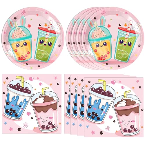 40PCS Boba Tea Party Decorations Boba Party Kit Bubble Tea Birthday Dinnerware Decoration Include Boba Tea Plate Napkins for Girl's Birthday Baby Shower