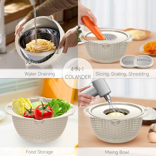 4-1 Colander with Bowl Set - Colander Bowl with Measuring Spoons - Fruit Strainer Bowl, Colanders & Food Strainers Stainless Steel, Rotatable Kitchen Colander Strainer Bowl - Beige