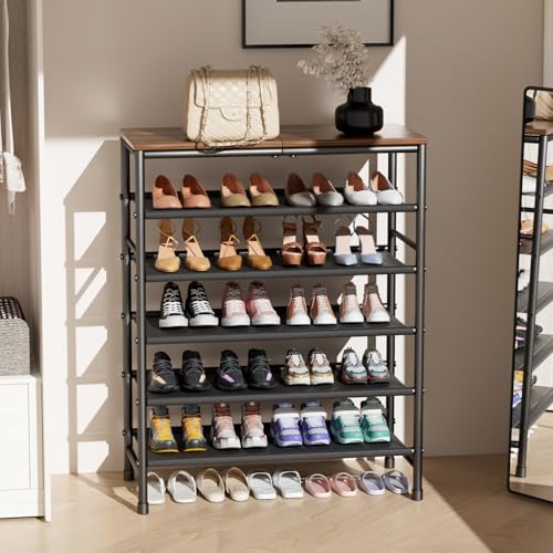 Mavivegue 4-Tier Metal Shoe Rack, Shoe Storage Organizer with Non-Woven Fabrics Shelves and Wooden Top Board, Entryway Shoe Stand for Closet Bedroom Living Room Garage, Black & Rustic Brown