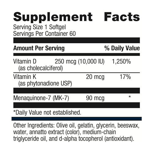 Metagenics Vitamin D3 + K - for Immune Support, Bone Health & Heart Health* - Vitamin D with MK-7 (Vitamin K2) - Non-GMO - Gluten-Free - 60 Softgels - 10,000 IU