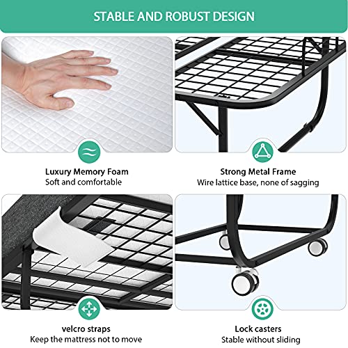 Foxemart Folding Bed with Mattress 75 x 38“ Rollaway Bed Extra Guest Bed with 5 Inch Comfortable Memory Foam Mattress and Super Sturdy Bed Frame with Wheel, Easy to Assemble, Twin Size