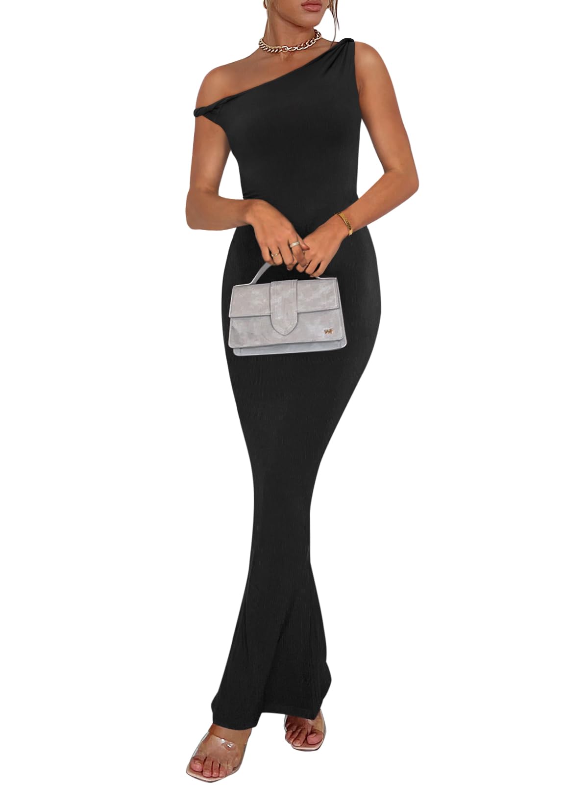 REORIA Women Summer Bodycon Maxi Dress Off Shoulder Elegant Cocktail Formal Sleeveless Wedding Guest Dresses Black S