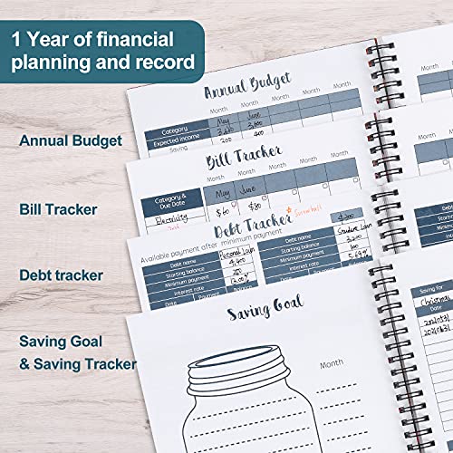 Soligt Budget Planner 2024, Monthly Budget Book Bill Organizer with 12 Pockets, Undated Home Finance Money Expense Saving Debt Tracker Notebook, 1 Year, Blue Floral, Spiral Design