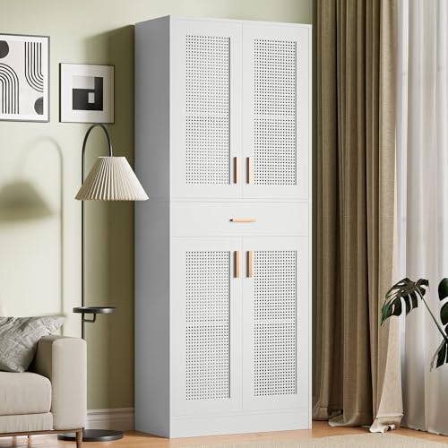 Cozy Castle Kitchen Pantry, 71" H Freestanding Rattan Pantry Cabinets with Doors, Adjustable Shelves and Drawer for Kitchen, Dining Room, Oak