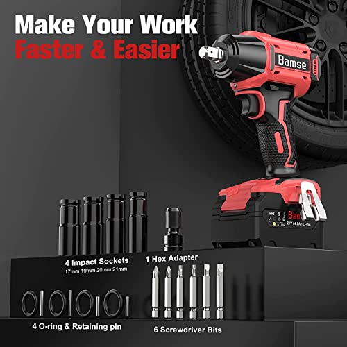 Cordless Impact Wrench 1/2'', Bamse Brushless Power Impact Gun with 2 Batteries, 3200RPM & Max Torque 480 Ft-lbs (650N.m) with 4 Impact Sockets, Electric Impact Driver for Car and Home