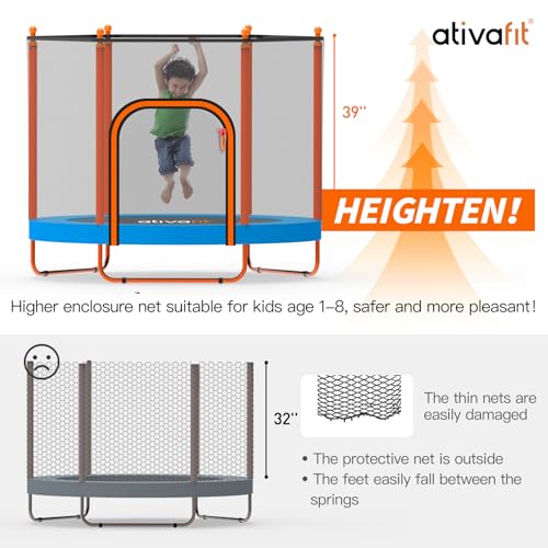 Ativafit 60'' Rebounder Trampoline Indoor Outdoor for Kids Ages 1-8, 5 FT Recreational Toddler Trampoline with Safety Enclosure Net Gifts with Basketball Hoop Dartboard Ocean Ball for Fun