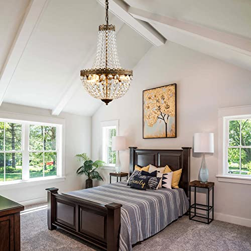 KAIQI 4 Lights French Empire Mini Crystal Chandelier Farmhouse Pendant Lighting, Bronze Finish Ceiling Light Fixture for Dining Room Bedroom Foyer Living Room, D12.6inch x H19.7inch