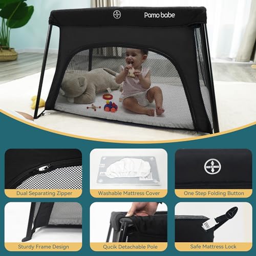 Pamo babe Mini Travel Crib, Portable and Easy to Carry Baby Playard, Lightweight Playard for Baby with Soft Mattress Pad(Black)
