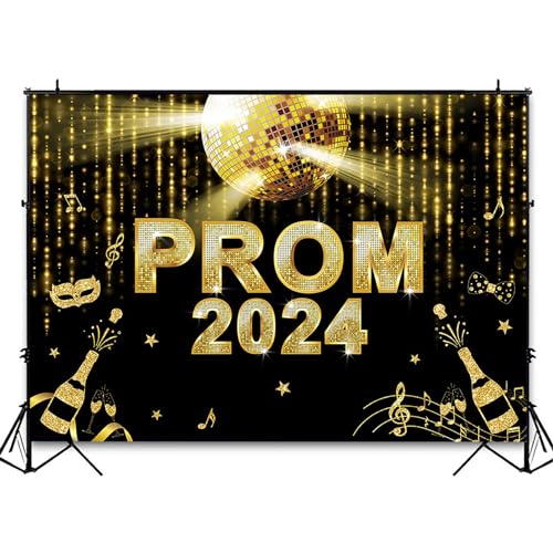 Avezano Prom 2024 Backdrop Black and Gold Graduation Prom Party Decorations Glitter 2024 Prom Banner for Graduation Background Decor (5x3ft)