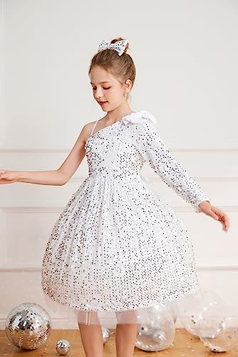 GRACE KARIN Girls Sequin Dress One Shoulder Flower Girl Dress Birthday Formal Wedding Party Gown Apricot Long Sleeve Dress for Girls 6Y