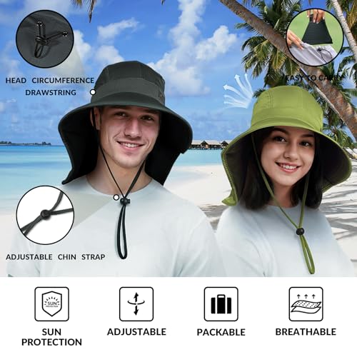 Sukeen Cooling Sun Hat for Men Women UPF50+ Wide Brim Fishing Hat with Neck Flap Adjustable Foldable Bucket Hat for Hiking Army Green