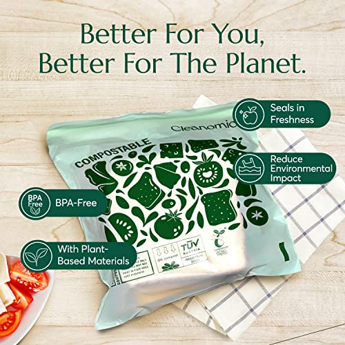 Cleanomic Compostable* Food Storage Bag Bundle – 1 Box Each of 25 Zip Quart Bags, 25 Zip Sandwich Bags, 50 Zip Snack Bags, and 25 13-Gallon Kitchen Waste Bags