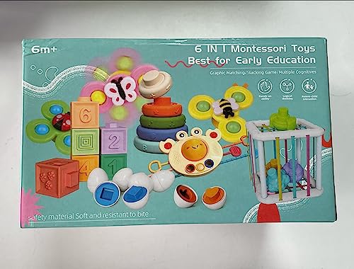 Baby Toys for 6 to 12 Months, Montessori Sensory Bins Toys for Toddlers 1-3, Pull String Teether Infants Bath Toys 6 in 1 Stacking Blocks Rings, Matching Eggs, Suction Cup Spinner Toy