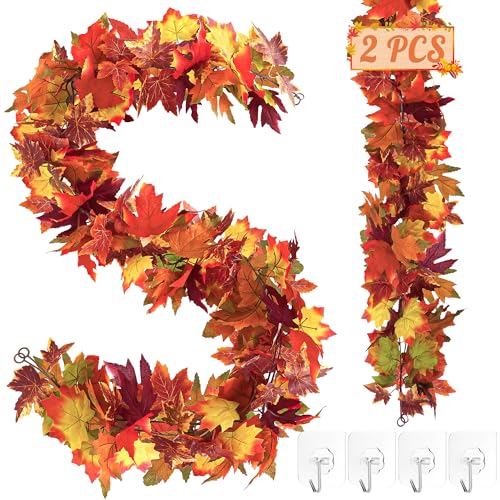 2 PCS Fall Decor, 11.8FT Fall Garland for Mantle, Fall Decorations for Home, Fall Leaves Garland, Thanksgiving Decorations Indoor, Halloween Autumn Maples Leaf Garland for Autumn Decor Wedding Party